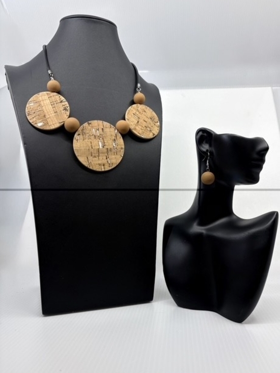 Jewelry - Natural Cork Disc Necklace and Earring Set - Beige Wooden Beads